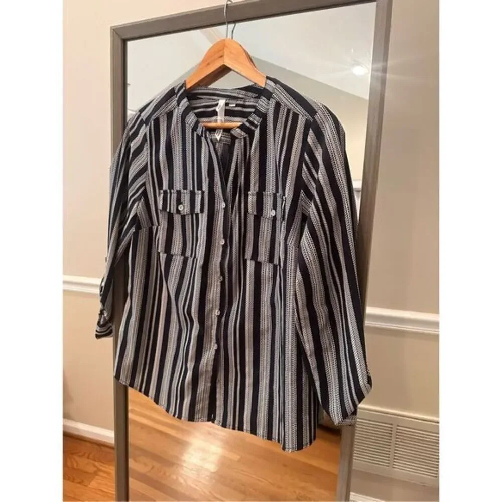 NY Collection Petite Button‎ Up Shirt Black White Large